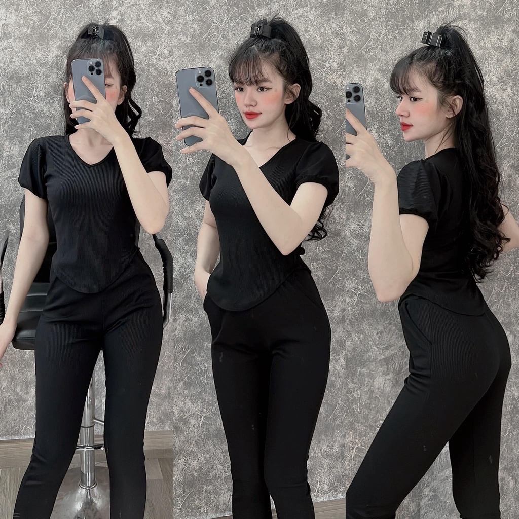 Đồ bộ nữ, set đồ bộ quần legging đai cao có túi và áo ôm ngắn tay lai bầu vải thun cotton gân borip co giản xịn