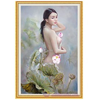Tranh đính đá Cô Gái Bên Hoa Sen LV230 kt72x50cm