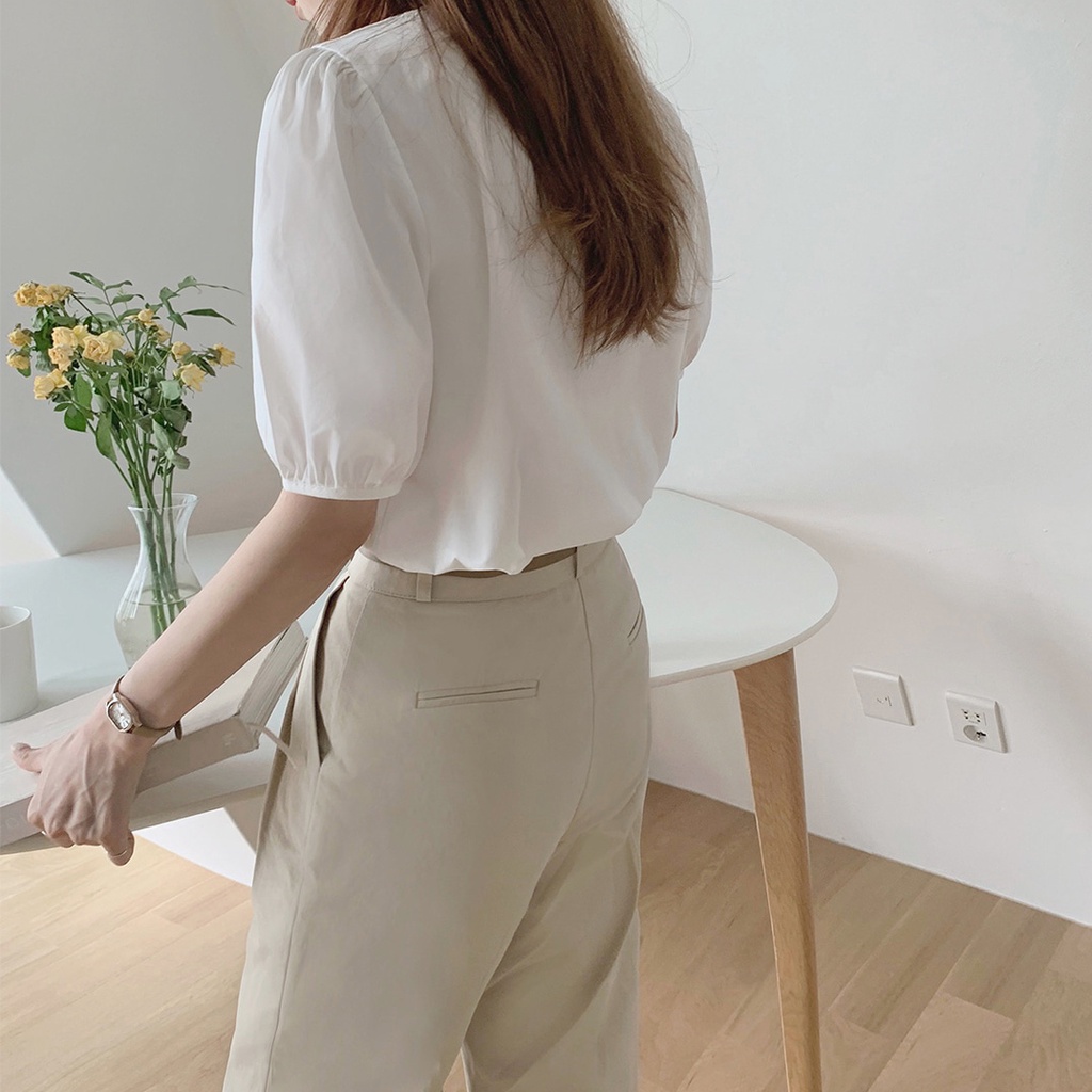 SUXI Áo Sơ Mi Tay Ngắn Cổ Chữ V Dáng Rộng Màu Sắc Đơn Giản Thời Trang Mùa Hè Cho Nữ