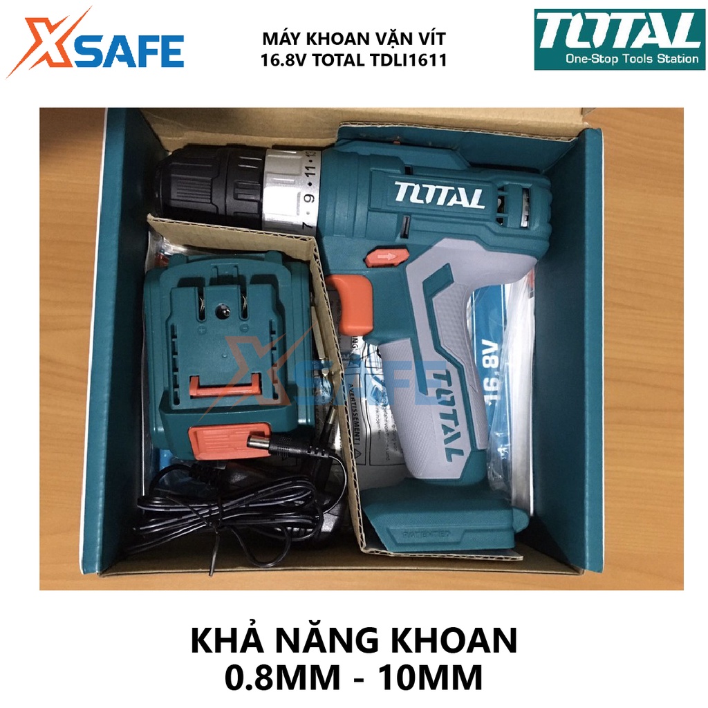 MÁY KHOAN DÙNG PIN TOTAL TDLI1611 máy siết ốc vít cầm tay đa năng sử dụng pin  Li-ion 16.8V /1.5 Ah có hai mũi Cr-V 65mm