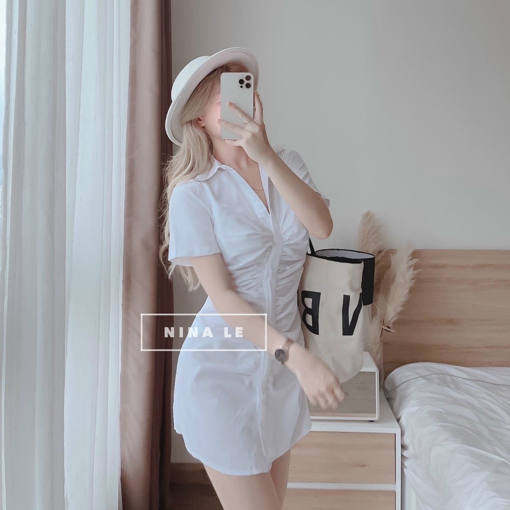Đầm Sơ Mi Nữ Nhúm Trước Dáng Ôm Cộc Tay 2 Màu