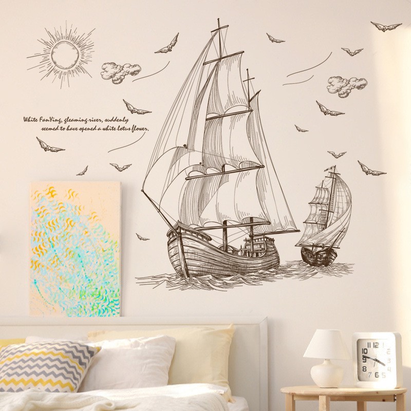 Tranh dán tường 3D Thuận buồm xuôi gió, Decal trang trí phòng, Miếng dán trang trí tường