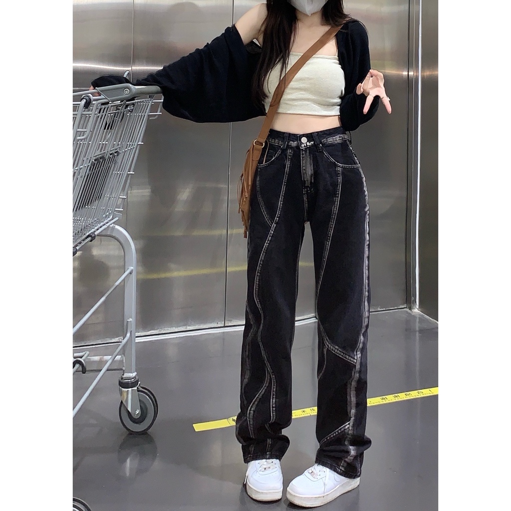 Cocory vn Quần Jean Dài Lưng Cao Ống Rộng Thời Trang Vintage Đường Phố Cá Tính