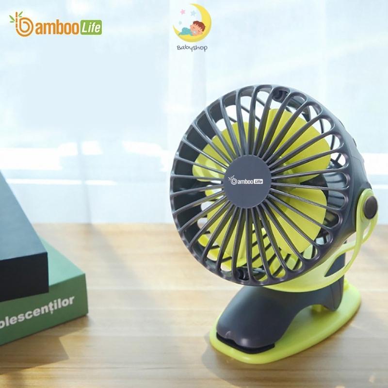 Quạt kẹp xe đẩy, quạt kẹp nôi, quạt tích điện mini Bamboo life, pin khủng dùng 20h