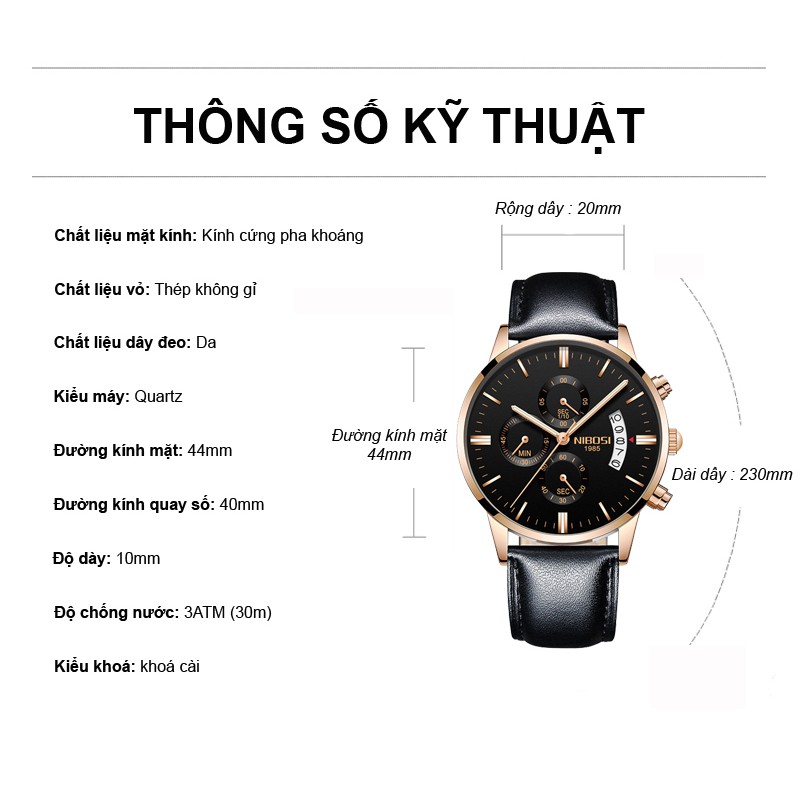 Đồng hồ nam NIBOSI 1985M dây thép lưới cao cấp size 43mm chạy 6 kim | BigBuy360 - bigbuy360.vn