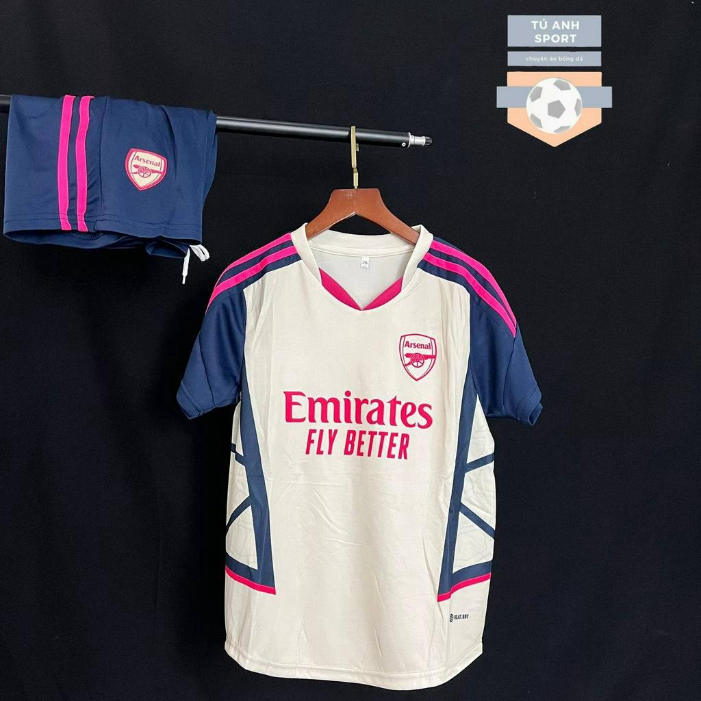 Áo đá banh CLB Arsenal, bộ quần áo đá bóng Arsenal trắng viền hồng mè thái đẹp mắt