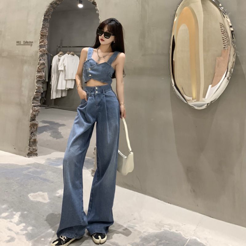 Set áo bò 2 dây phối quần bò ống rộng cá tính