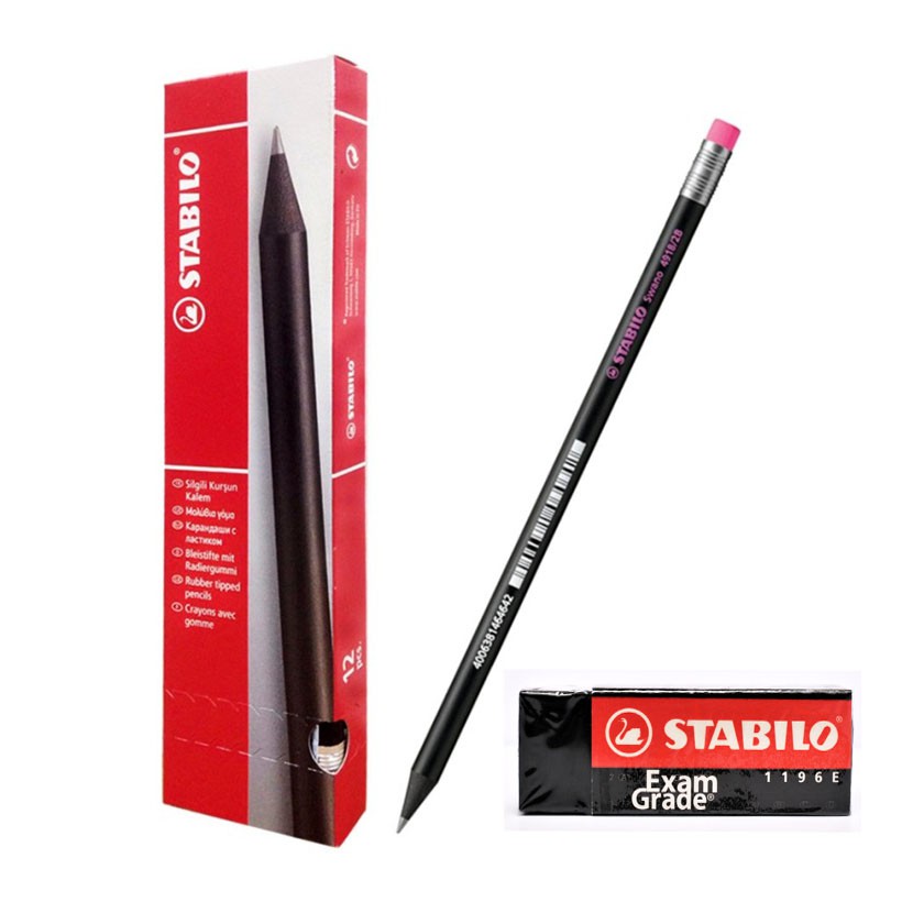 Hộp 12 cây bút chì gỗ STABILO Swano 2B thân đen + tẩy ER196E (PC4918/12-2B+)
