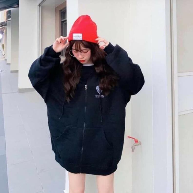 [RẺ VÔ ĐỊCH] Áo Khoác Hoodie Chất Nỉ Có Dây Kéo, Thêu Tim Form Rộng Ullzzang