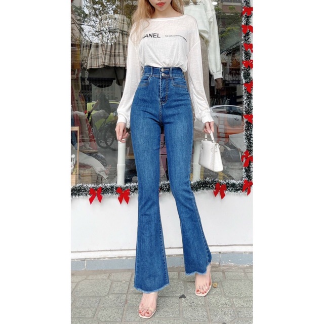 QUẦN JEANS DÀI ỐNG LOE NHẸ CO GIÃN LƯNG CAO 2 Nút- ảnh thật toàn bộ | BigBuy360 - bigbuy360.vn