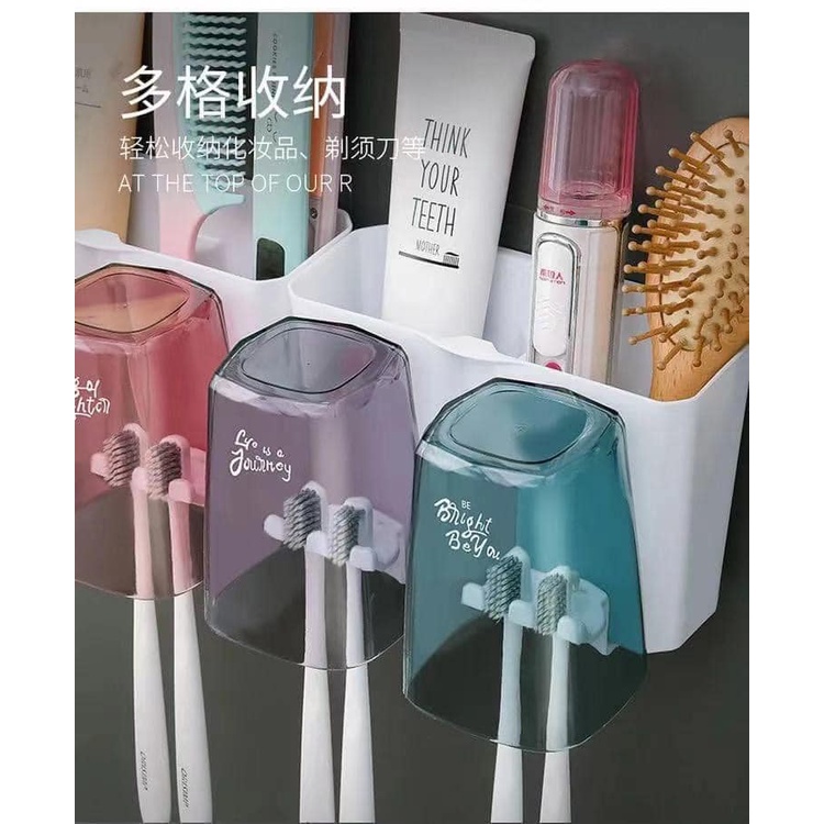 Kệ để bàn chải nhả kem đánh răng tự động thông minh giá treo 4 cốc để đồ dán tường dùng cho nhà tắm