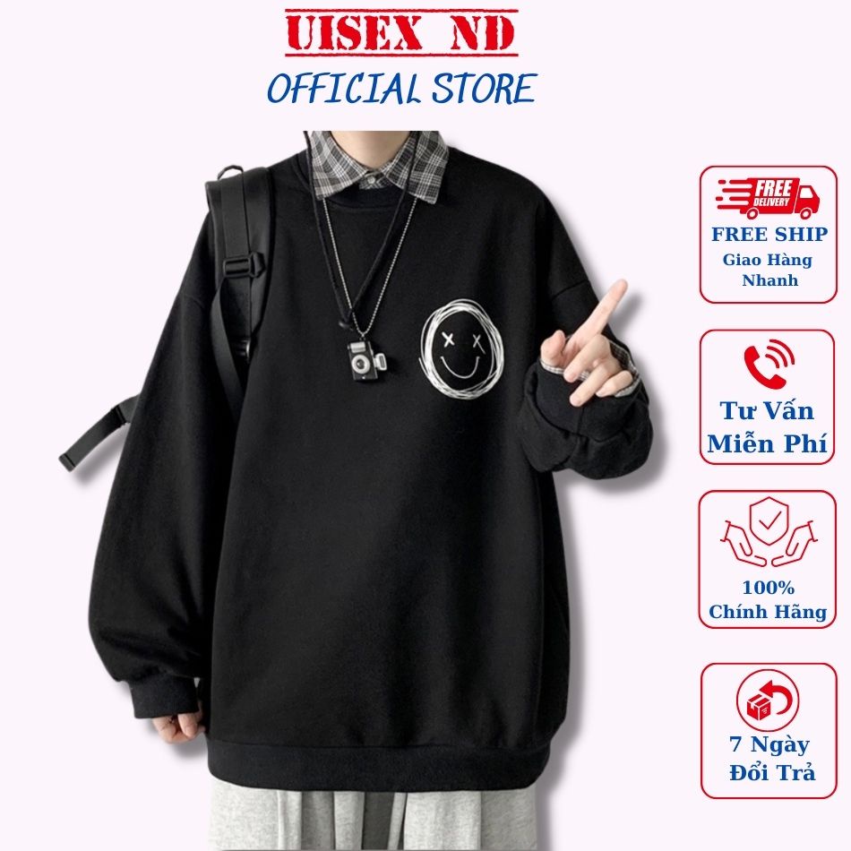 Áo Sweater Unisex nỉ in hình mặt cười, phong cách Hàn Quốc, form rộng có thể mặc sơ mi bên trong