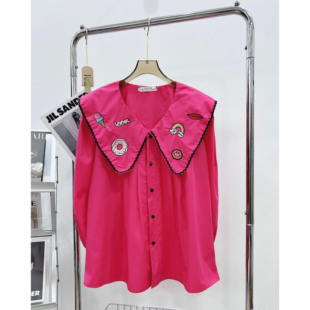 Áo babydoll cổ sơ mi thêu hình cầu vồng chiếc bánh áo sơ mi form rộng MIVOSA SM025