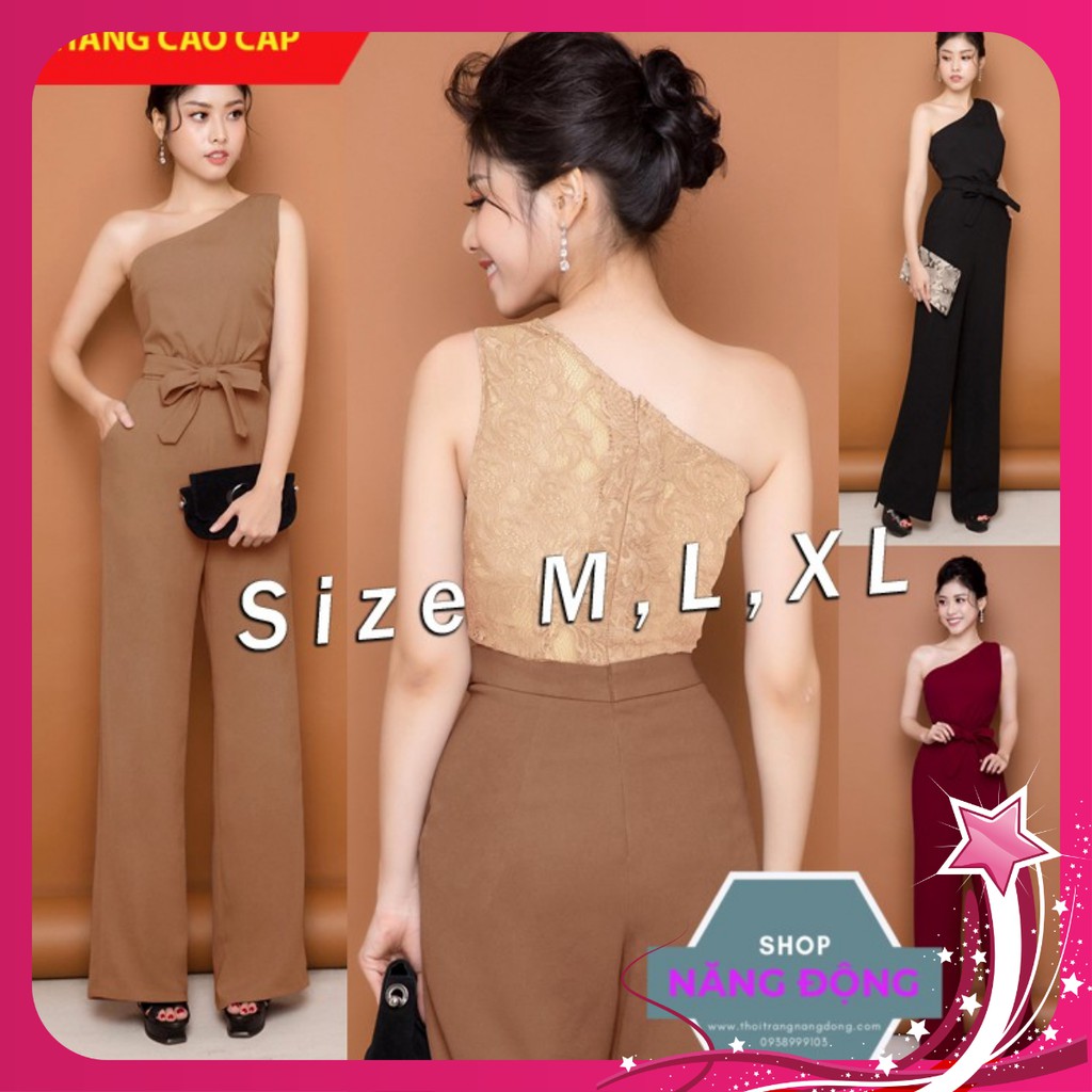 Jumpsuit 🎁FREESHIP🎁 Jumpsuit dài ống suông lệch vai phối ren lưng thắt nơ xinh xắn TJ928