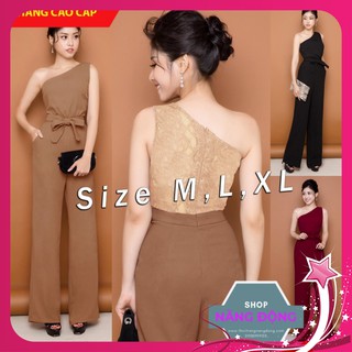 Jumpsuit 🎁FREESHIP🎁 Jumpsuit dài ống suông lệch vai phối ren lưng thắt nơ xinh xắn TJ928