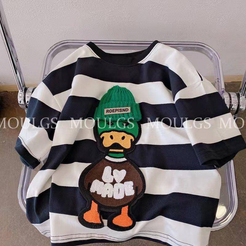 Áo Thun Tay Ngắn Cổ Tròn Chất Cotton Thêu Hình Vịt Phong Cách Hàn Quốc Thời Trang Mùa Hè Cho Bé