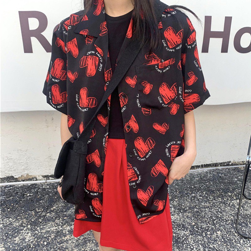 Áo Sơ Mi Voan Tay Ngắn Dáng Rộng In Hình Trái Tim Xinh Xắn Hợp Thời Trang