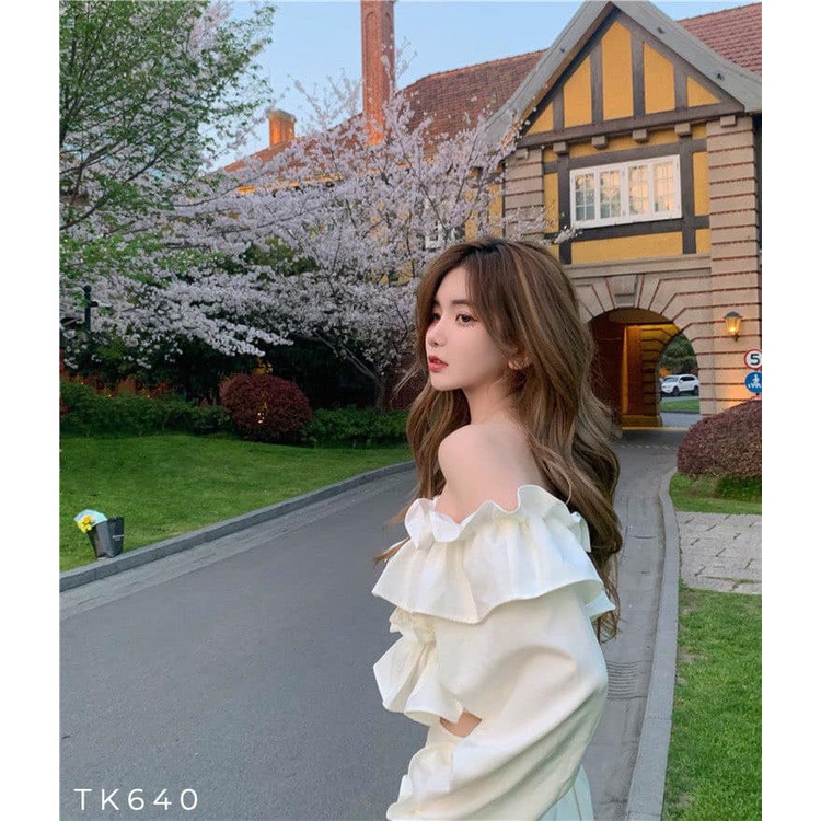 [Ảnh thật] Áo crop trễ vai bèo nhún tay dài croptop tiểu thư xinh xắn dạo phố du lịch cực kool