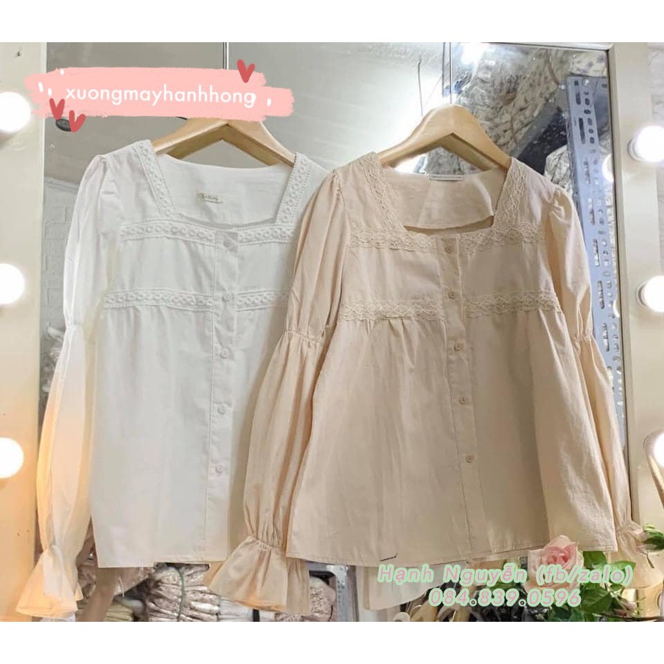 Áo sơ mi trắng ulzzang cổ vuông bánh bèo, áo kiểu tay bồng vintage cực xinh - Xưởng May Hạnh Hồng