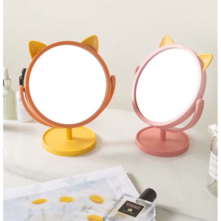 Gương Tai Mèo pilu xoay 360 độ kiếng trang điểm để bàn tiện lợi, decor phòng 21 x 16,5cm