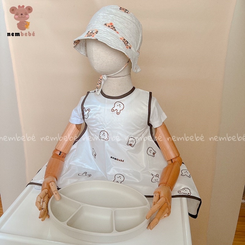 Áo Yếm Cho Bé Ăn Dặm BLW Từ 6m đến 2y Có Nút Hít Mặt Bàn Chống Thấm Không Tay Dáng Ngắn - NemBeBé