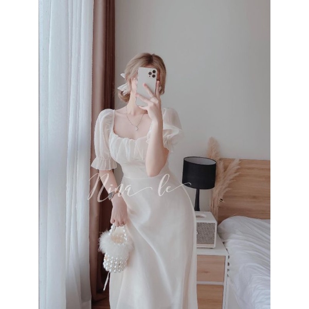 Đầm kiểu nữ cúp ngực cổ vuông xẻ tà xinh sắn tiểu thư