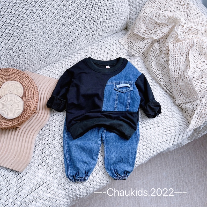 Bộ nỉ da cá phối quần jean bé trai  Set bộ dài tay mặc thu đông quần bò cho bé diện Tết 1 2 3 4 5 6 tuổi