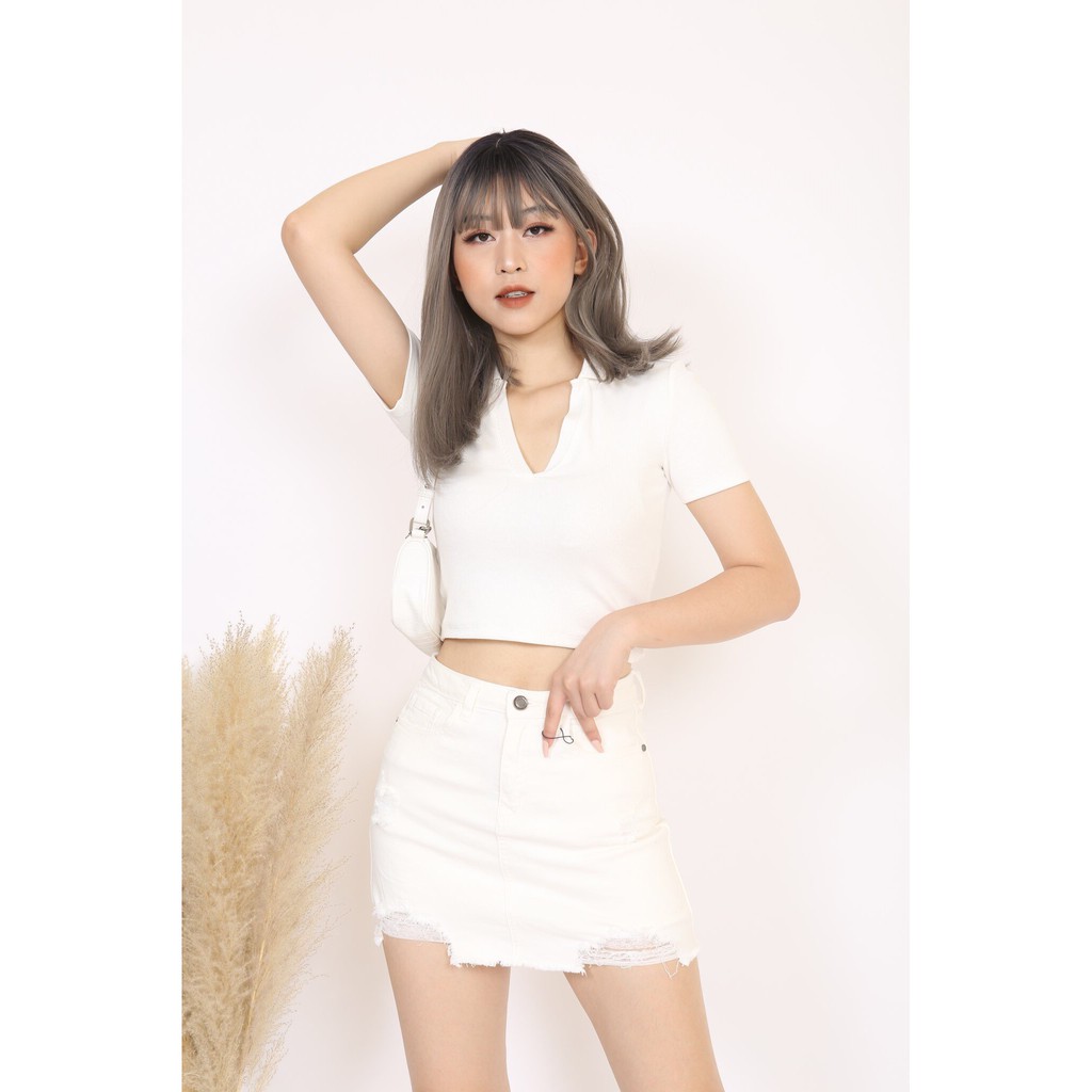 Chân Váy Jean chữ A lưng cao co giãn Đen Trắng Rách Tua CT JEANS