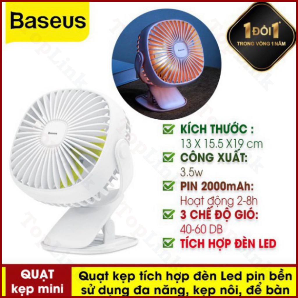 [CHÍNH HÃNG] Quạt Để Bàn Mini - Quạt Nhỏ Để Bàn Tích Điện Baseus Pin 2000mah Có Kẹp Tiện Dụng Tích Hợp Đèn Ngủ