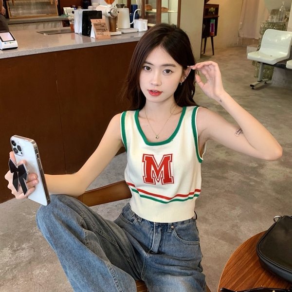 Áo Dệt Kim Sát Nách Thêu Chữ Phối Màu Tương Phản Kiểu Retro Thời Trang