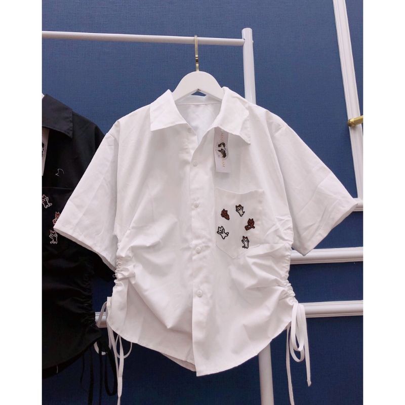 Áo Sơ Mi Rút Hàn phối túi thêu hình ngộ nghĩnh TN-PC❤