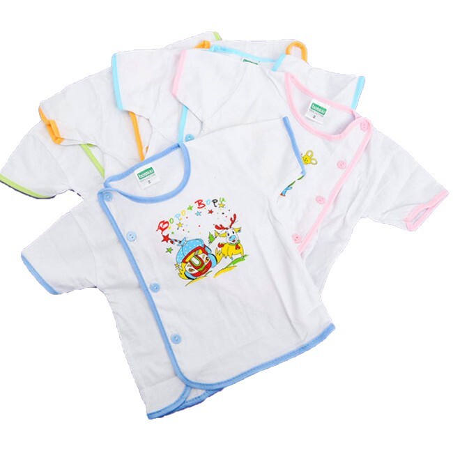 Combo 10 Áo sơ sinh ngắn tay màu trắng, cúc lệch, viền màu Bosini cho bé từ sơ sinh đến 9kg