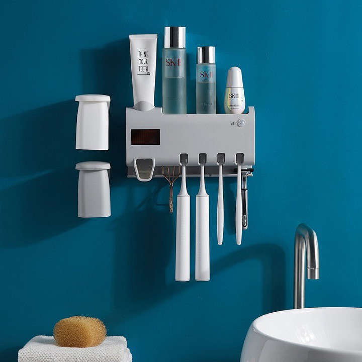 Kệ Đựng Bàn Chải Tự Động Lấy Kem Đánh Răng + (2 Cốc Nam Châm) Cao Cấp - (Loại Có UV Diệt Khuẩn)