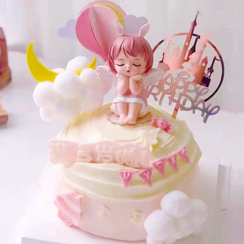 Trang trí bé gái thiên thần có cánh nhỏ - váy hồng