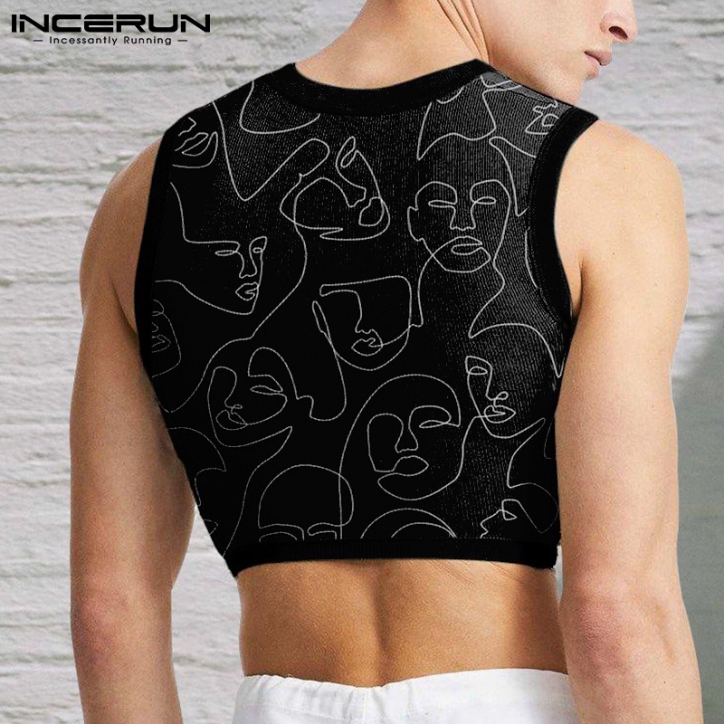 Áo croptop INCERUN sát nách cổ tròn ôm dáng in họa tiết thời trang mùa hè cho nam