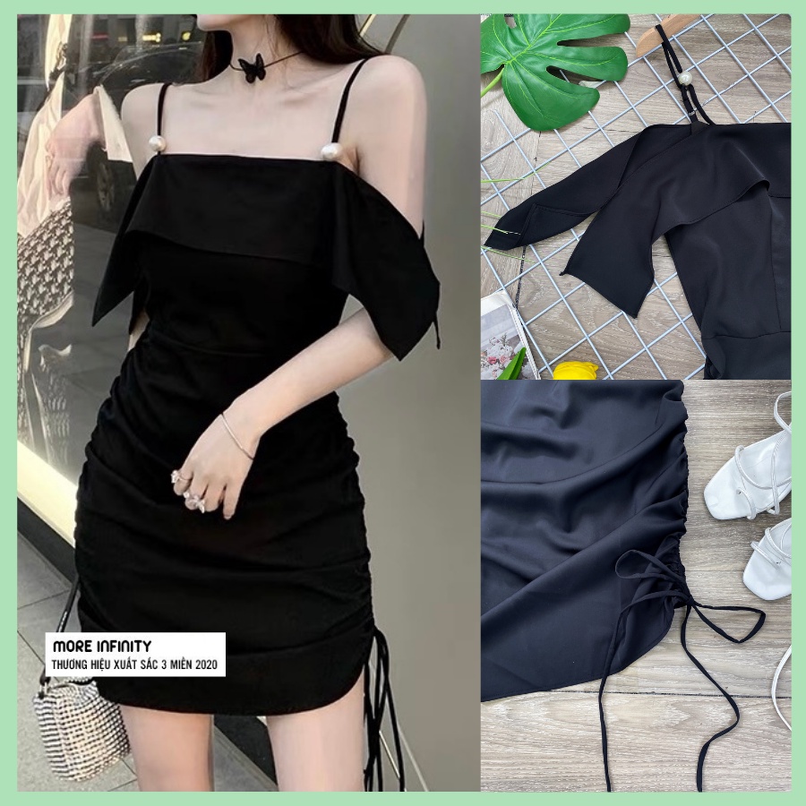 Đầm ôm body hai dây ngắn đen, trắng, Váy body nữ 2 dây rút nhún sườn trái - Design by MFF - V16