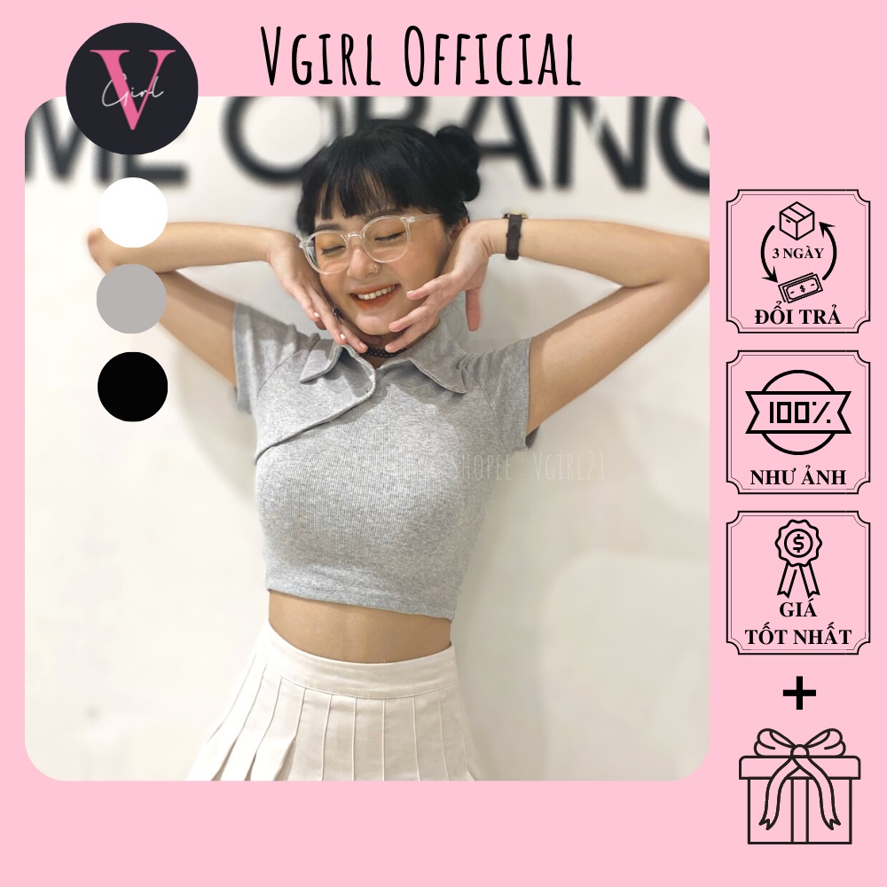 Áo croptop nữ VGIRL cổ polo nút bấm xéo độc lạ [ẢNH ĐỘC QUYỀN]