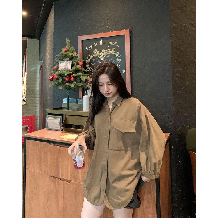 Áo Sơ Mi Form Rộng Túi Ngực Tay Bo Chất Thô Mềm