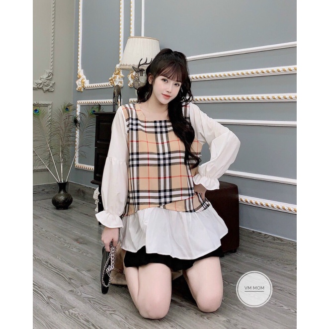Áo bầu kẻ dáng babydoll trẻ trung xinh xắn chất cotton cho mẹ bầu đi làm đi chơi AD128