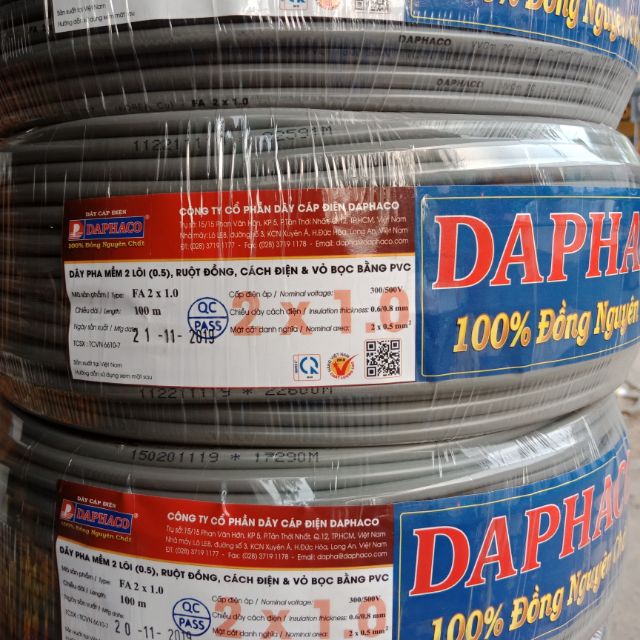 Dây điện đôi 2x1.0 Daphaco - 100m dây pha tròn xám 2 lớp vỏ bọc PVC