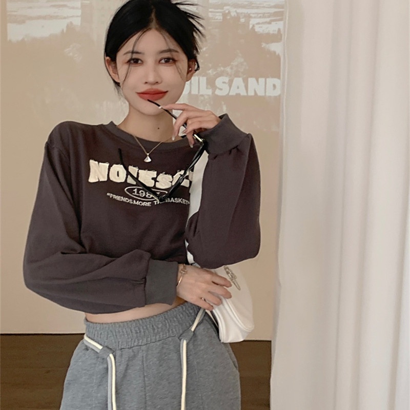 Áo Croptop Tay Dài Cổ Tròn Dáng Rộng Thời Trang Mùa Thu