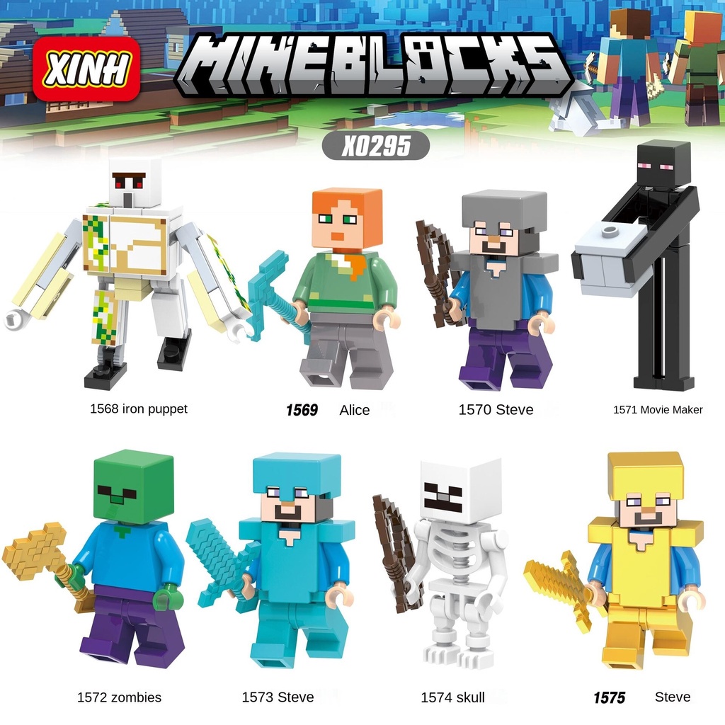 Bộ sưu tập mô hình lắp ghép hình nhân vật Steve Golem Sắt Enderman trong Minecraft cho trẻ em 8 nhân vật khác nhau