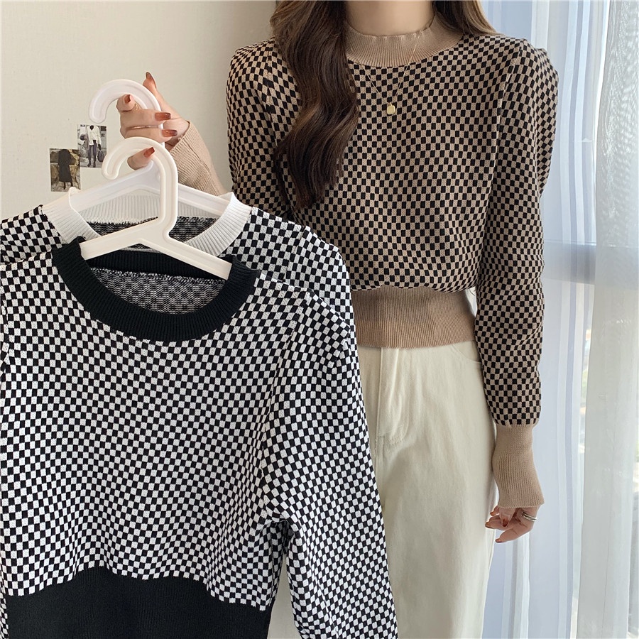 Porozi  Áo dệt kim  cổ tròn họa tiết sọc caro phong cách Hàn Quốc thời trang cho nữ