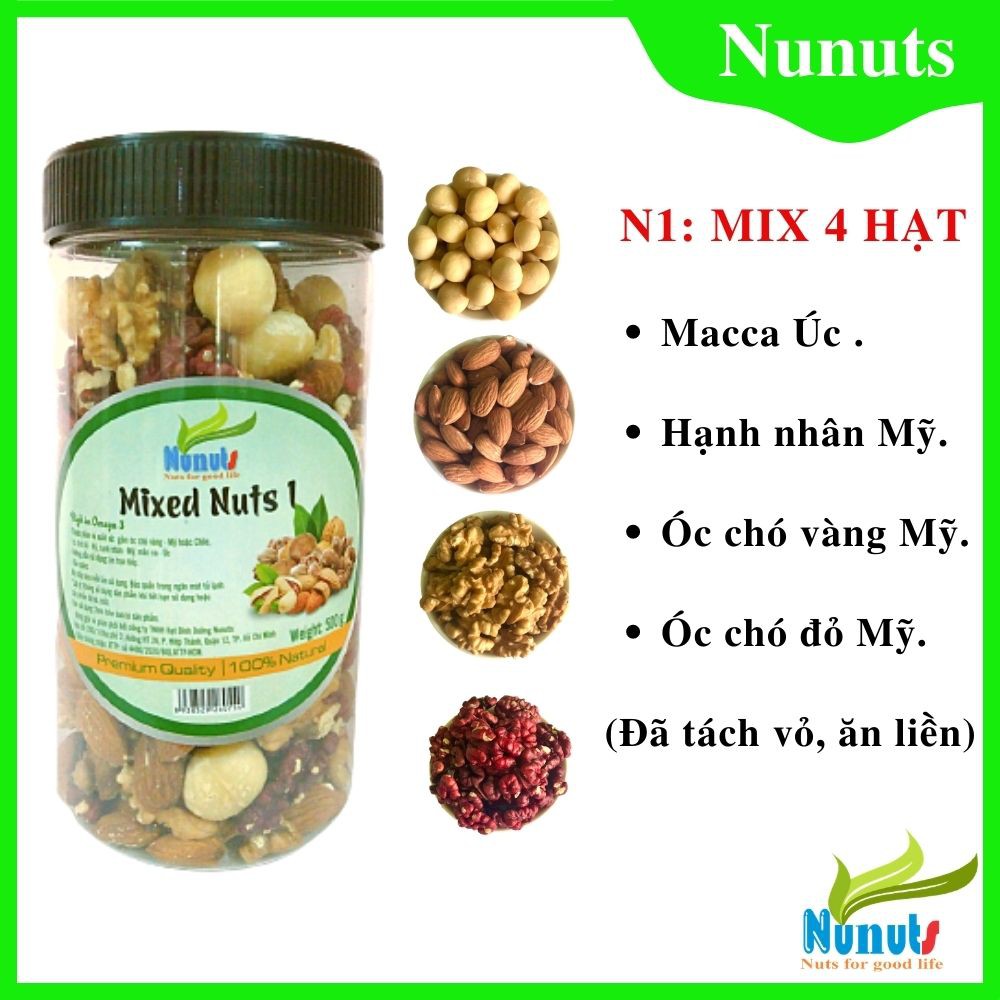 500G MÃ N1✅ Mix hạt dinh dưỡng gồm 4 loại (hạt macca, hạt hạnh nhân , óc chó vàng, óc chó đỏ) đã tách vỏ, sấy g | BigBuy360 - bigbuy360.vn