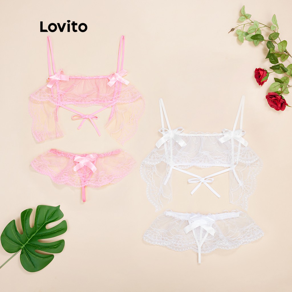 Bộ áo ngực LOVITO thắt nơ ren phía trước vải xuyên thấu và quần lót L162085 (màu hồng/ trắng)