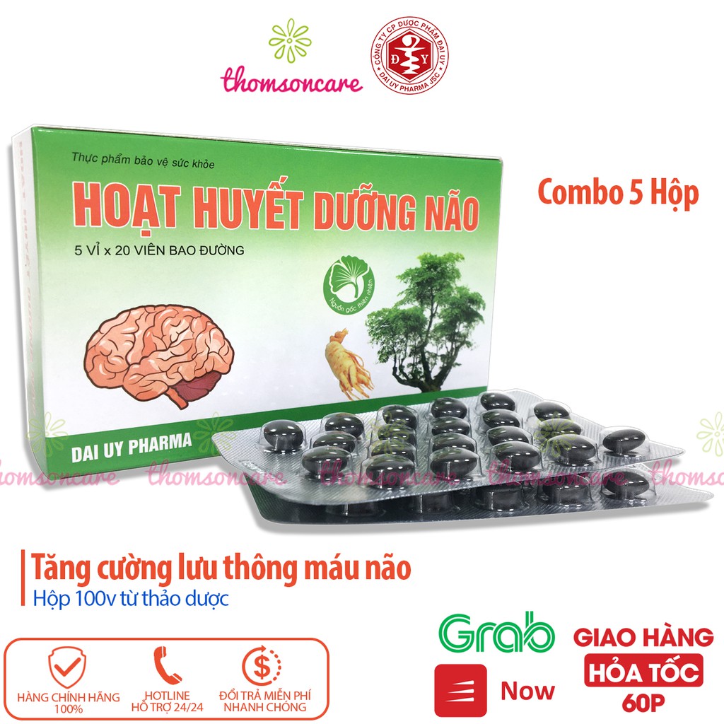 Combo 5 hộp Hoạt huyết dưỡng não, mỗi hộp 100 viên bao đường - hỗ trợ tăng cường tuần hoàn não, chính hãng Đại Uy