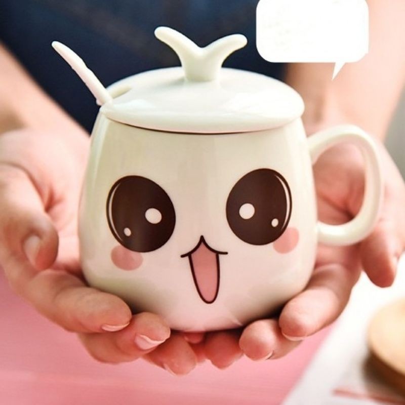 Cốc trà, cà phê gốm sứ cao cấp hình mặt cười hoặc logo starbuck KÈM THÌA VÀ NẮP 300ml