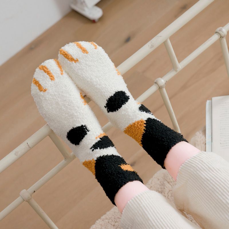 Vớ ngủ cao qua mắt cá chân bằng vải bông san hô dày họa tiết móng mèo đáng yêu giữ ấm mùa đông cho nữ