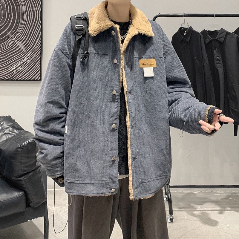 Áo khoác nam đẹp lót lông cừa form rộng màu xanh và kem