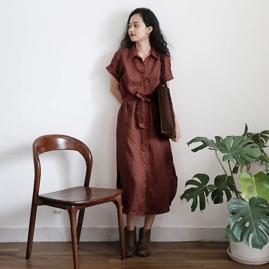 (TỔNG KHO LÂM ANH CHUYÊN SỈ) Đầm suông sơ mi linen trẻ trung - Nâu